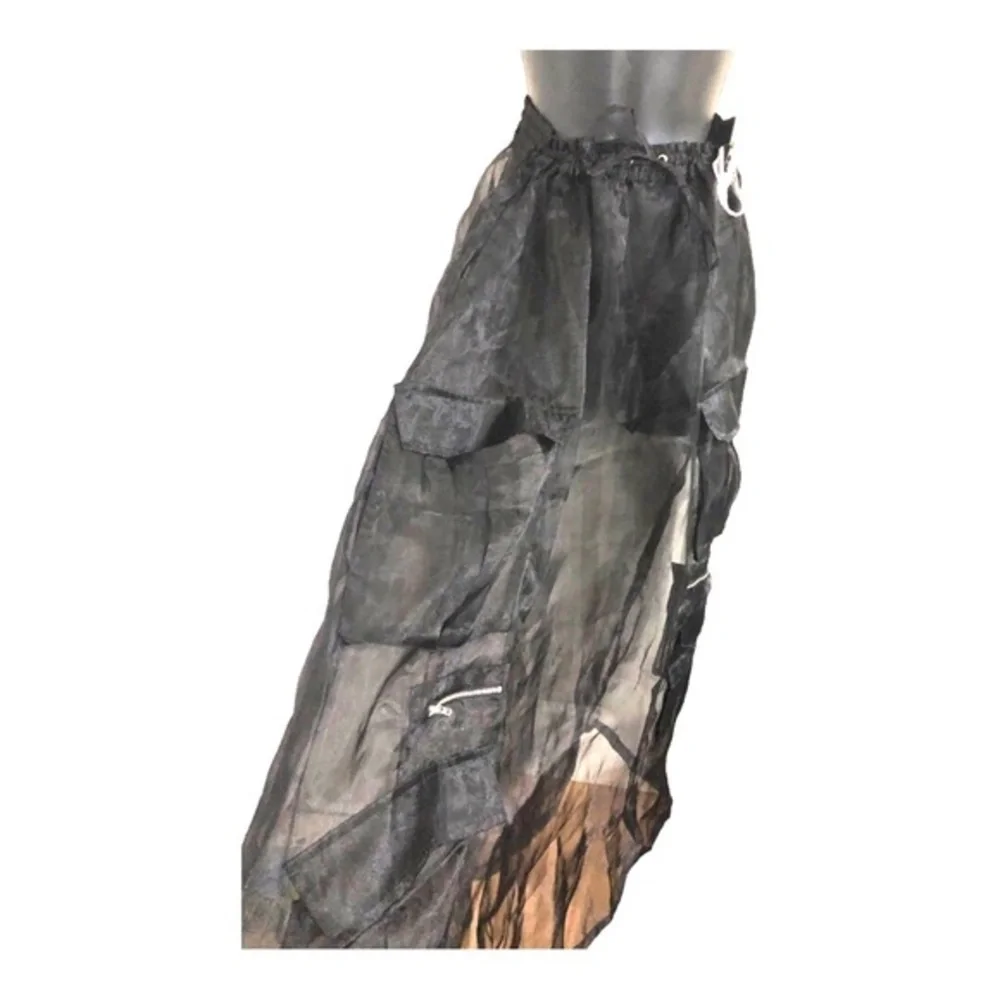 Black goth style sheer mesh chiffon cargo style full skirt size medium new‎